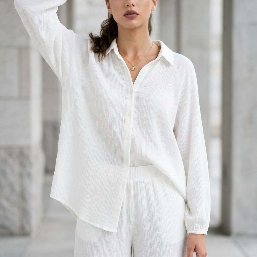 Wishlist Apparel White Crinkle Texture Button-Down Oversized Shirt #1390